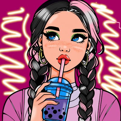realistic girl with braided hair drinking boba