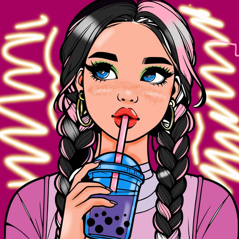 realistic girl with braided hair drinking boba