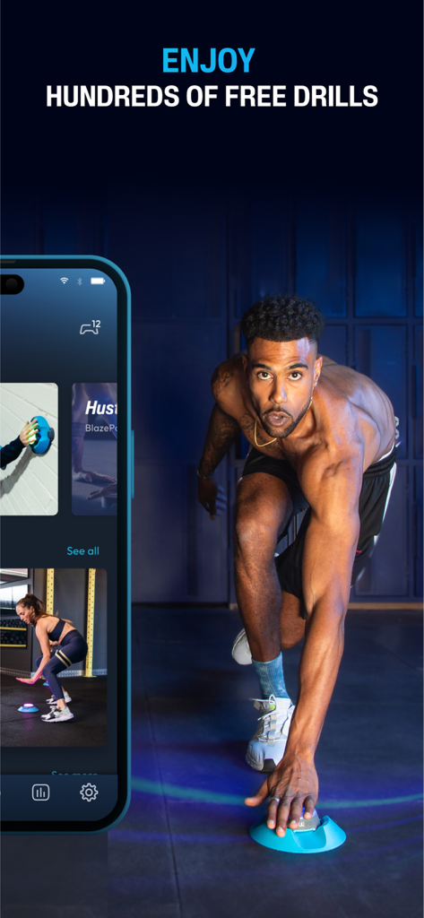 An athlete performing an agility drill with a glowing pod next to the BlazePod app interface showing free workouts