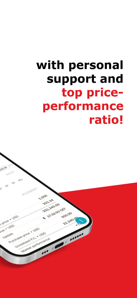 cash-bank zweiplus E-BANKING - A smartphone showing the cash-bank zweiplus e-banking app interface with text highlighting personal support and top price-performance ratio.