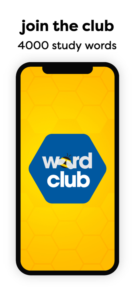 Word Club Spelling+Vocabulary - Word Club spelling bee app intro screen featuring a bee logo and 4000 study words text