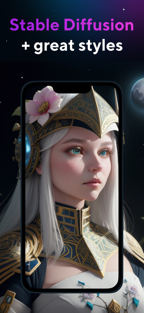 スマートフォン画面に、豪華な鎧と花をつけた女性の高品質AI生成ポートレート