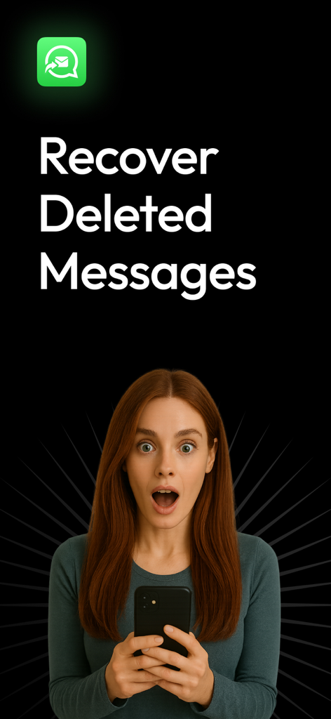 Chat Backup Assistant: Textify - Mujer sorprendida sosteniendo un smartphone bajo el encabezado Recuperar Mensajes Eliminados