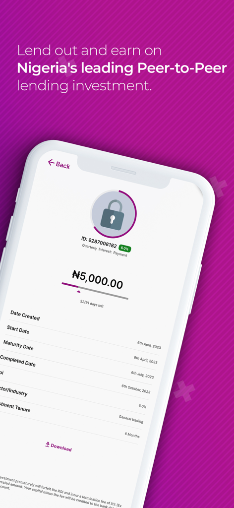Kiakia P2P - Kiakia P2P app interface displaying investment details and loan progress in Nigerian Naira