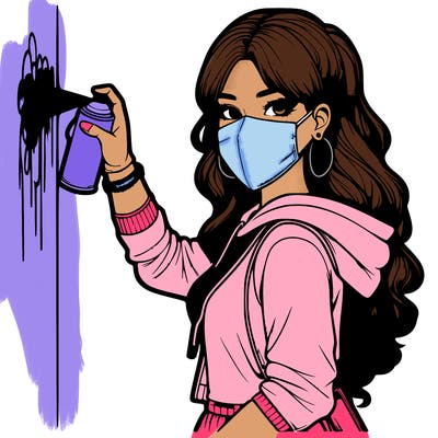 realistic girl with mask spray painting a wall