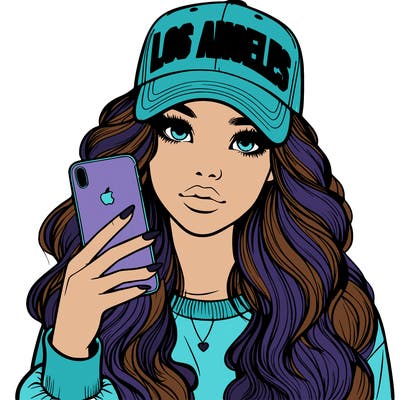 realistic beautiful girl wearing los ángeles cap holding an iphone