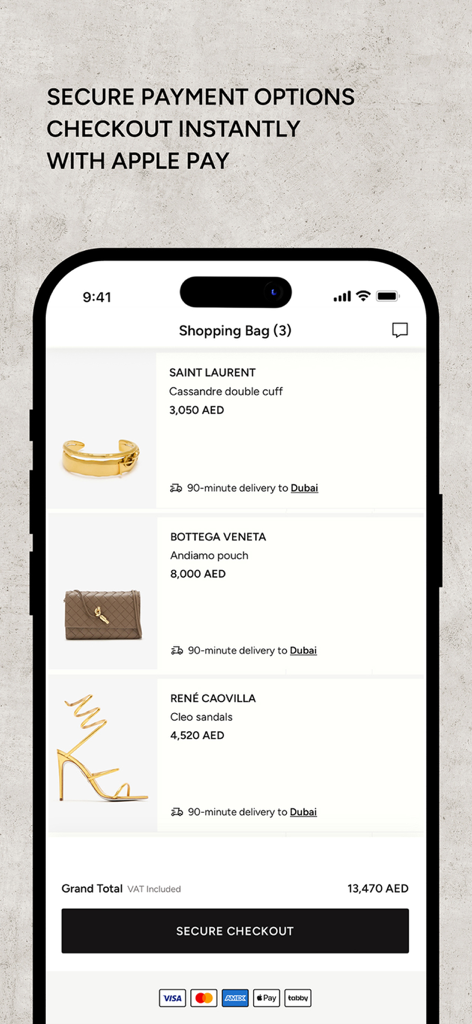 Tela de sacola de compras no aplicativo Level Shoes apresentando marcas de designers como Saint Laurent e Bottega Veneta com opções de checkout seguro