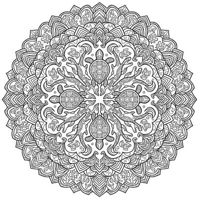 Discover a captivating Sea Turtle Mandala coloring page, featuring graceful sea creatures within an intricate, symmetrical design. Perfect for unwinding and exploring the beauty of marine life through art.