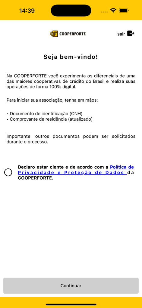 100% 디지털 회원 가입 요건을 보여주는 쿠퍼포르테 앱 환영 화면.