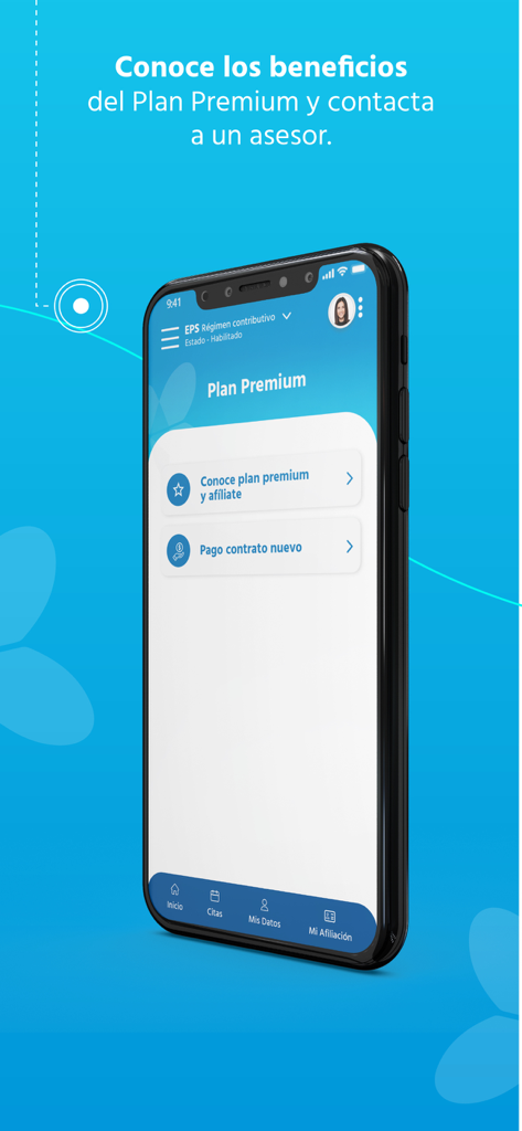 EPS Sanitas app interface showing premium healthcare plan benefits and affiliation options