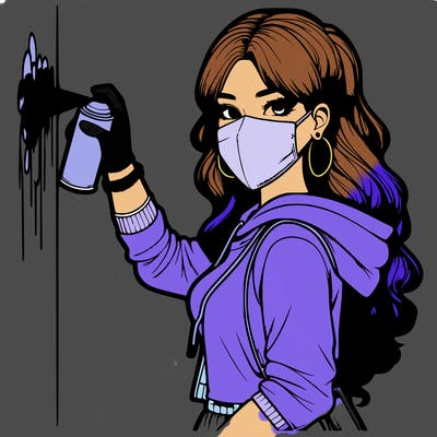 realistic girl with mask spray painting a wall