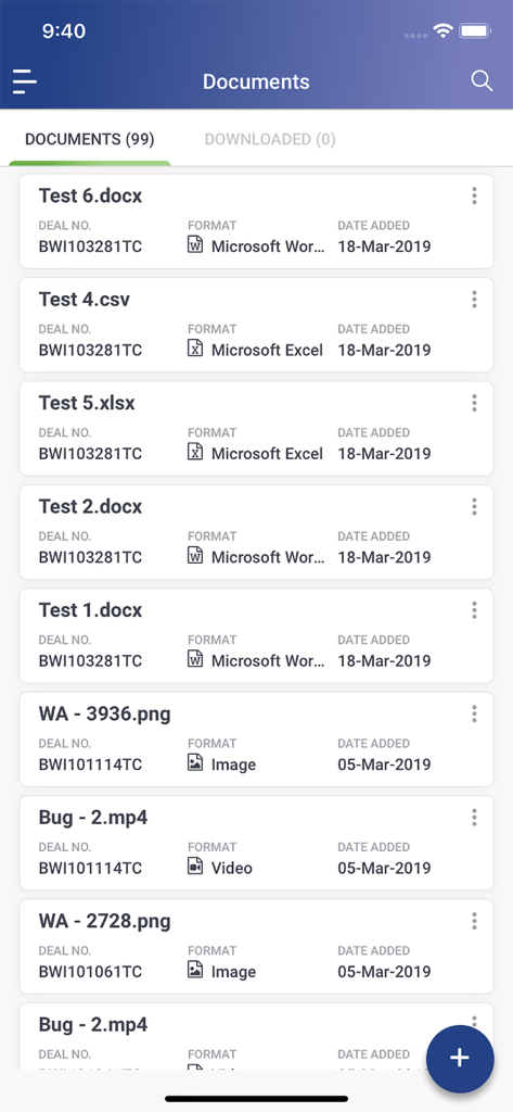 TradeCafe App-Oberfläche, die eine Liste von handelsbezogenen Dokumenten und Dateien anzeigt, kategorisiert nach Deal-Nummer