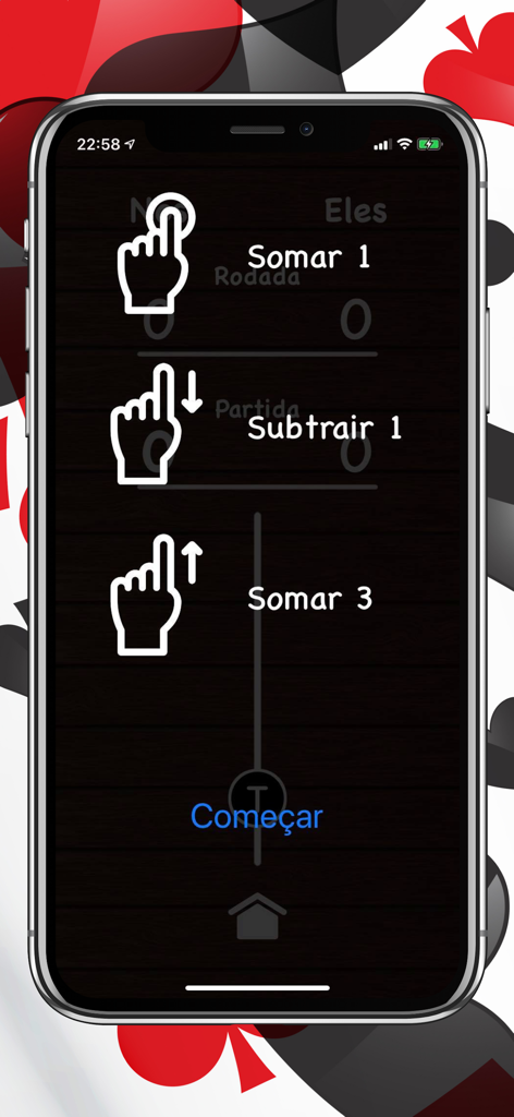 Truco Marcador • Conta Tento - Interface showing touch gestures for adding and subtracting points in the Truco scorekeeping app.