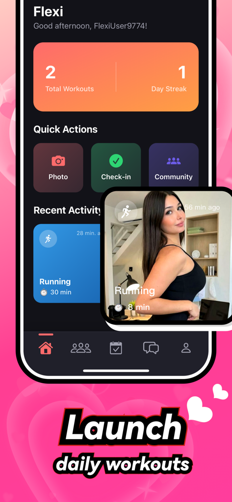 Flexi - Chat&Share - Interface do aplicativo Flexi mostrando sequências de treino, ações rápidas e um feed de atividades sociais de fitness