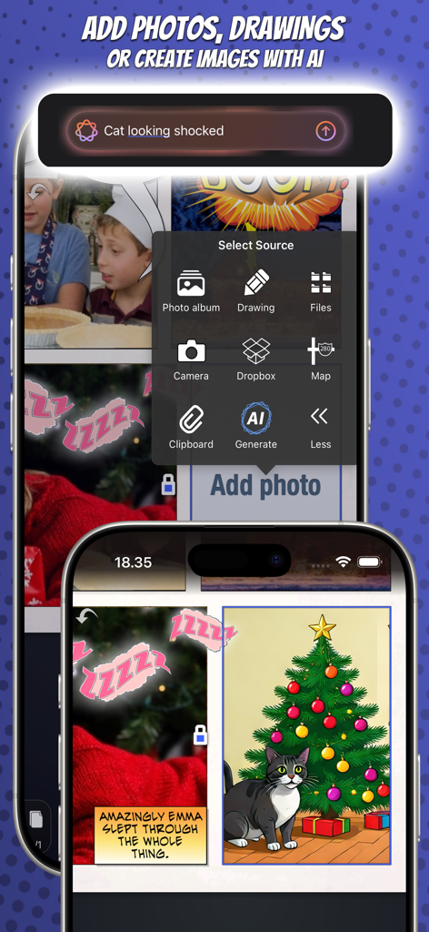 Strip Designer app interface for creating comic strips with AI generated images and photos