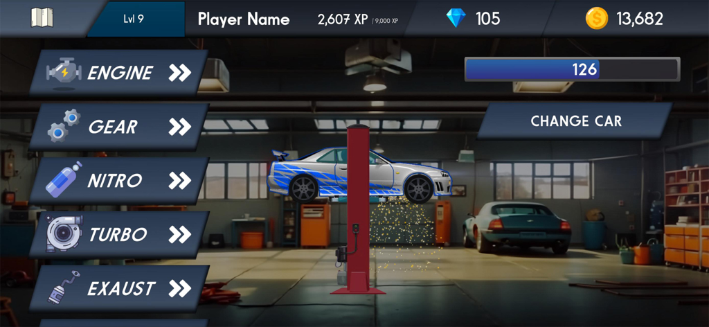 Car Manual Shift 4 - Performance tuning and customization menu in a car garage