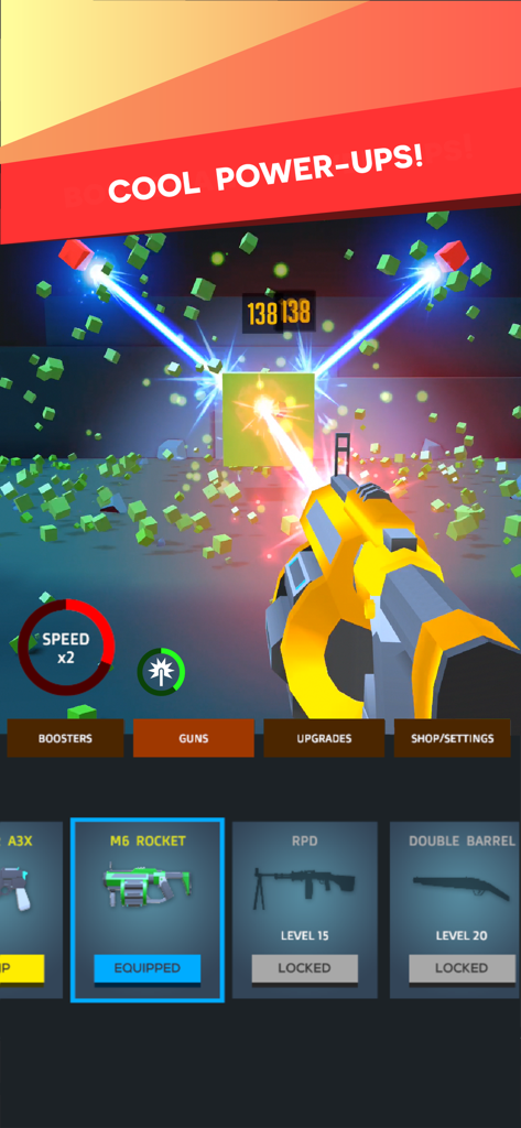 Gun Breaker - Idle Gun Games - First person view of a golden gun firing lasers at blocks in Gun Breaker