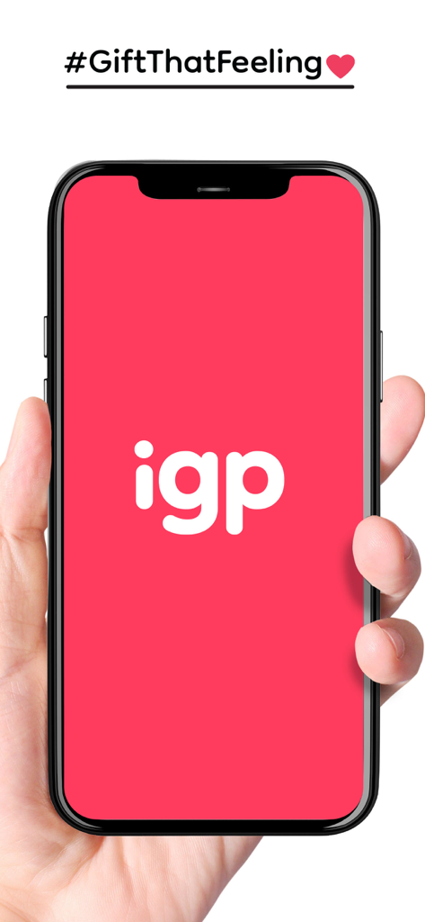 IGP gifting app splash screen on a smartphone held in a hand with the hashtag GiftThatFeeling