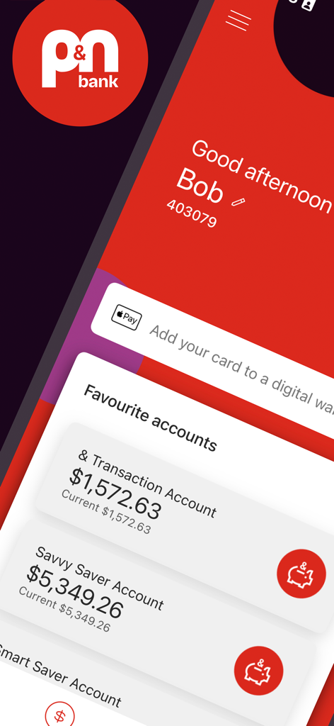 Painel do aplicativo móvel P and N Bank exibindo saldos de conta e uma saudação personalizada