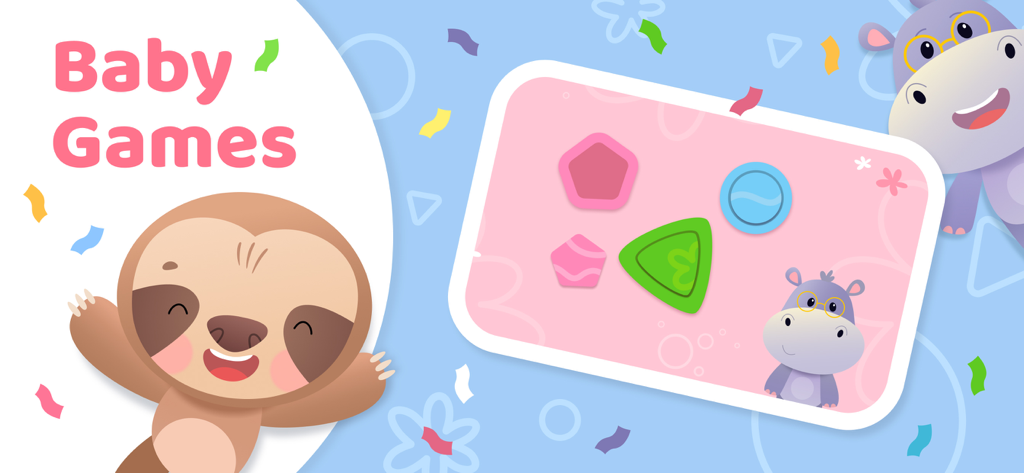 Baby Games for Kids - Babymals - Interfaz de la aplicación educativa Babymals con un juego de emparejar formas y lindos personajes animales.