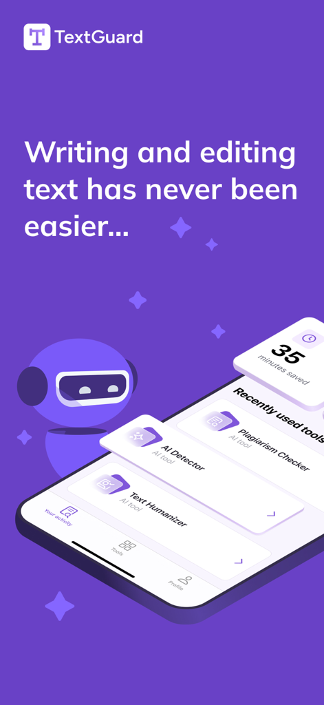 Mobile interface of TextGuard AI showing writing tools like AI detector and humanizer