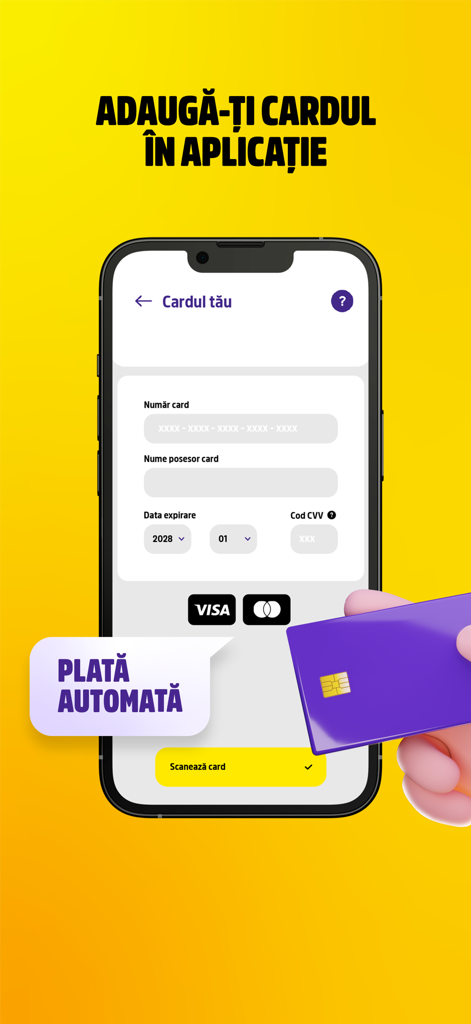 Schermata dello smartphone che mostra la pagina di registrazione della carta di credito per i pagamenti mensili automatici nell'app YOXO