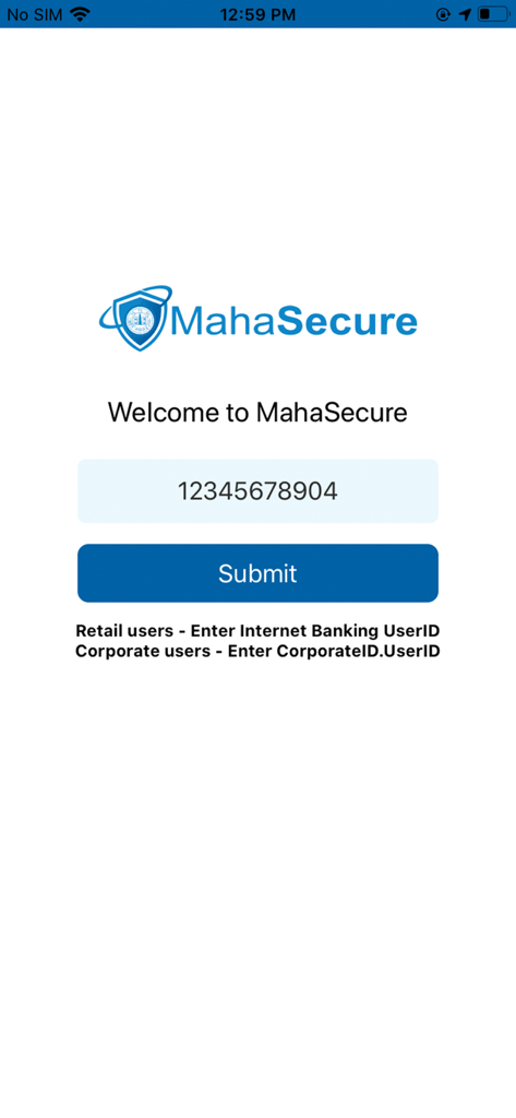 MahaSecure - Login screen for the MahaSecure mobile banking app with a user ID input field.