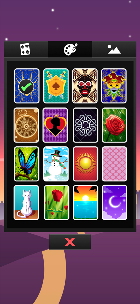 ⋆ Spider Solitaire Card Game ⋆ - A menu in the Spider Solitaire game showing various artistic card back customization options including animals flowers and patterns