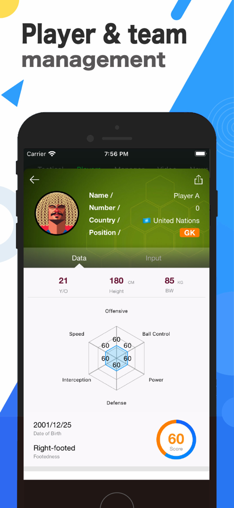 CoachBook - FanBook Football - CoachBook app player profile screen showing physical stats and a tactical attribute chart.