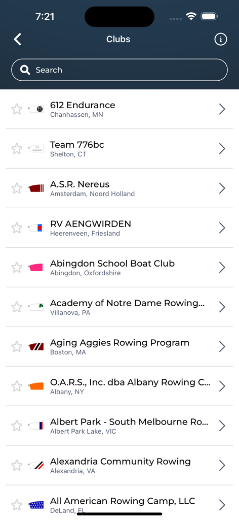 A list of participating rowing clubs and boat clubs in the HOCR mobile app.