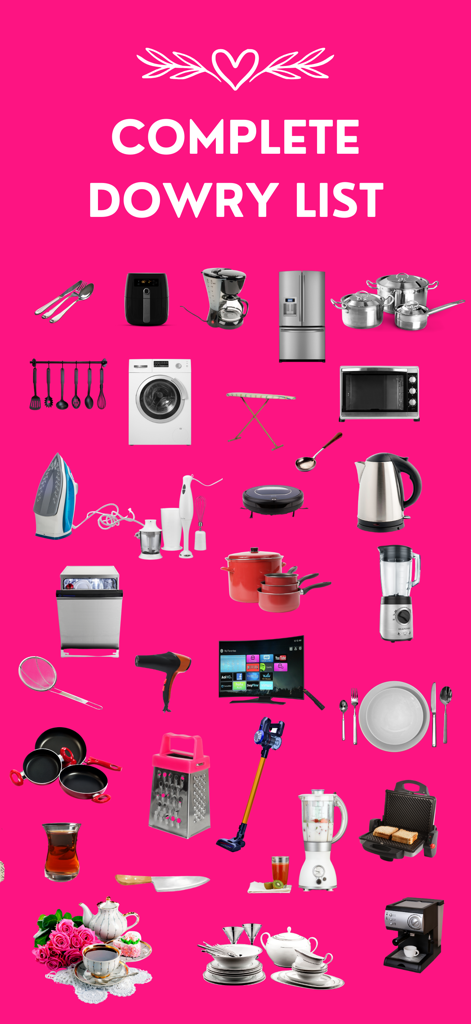 MeMarry: Wedding Planner - A collection of household appliances and kitchenware items for a wedding dowry list on a pink background