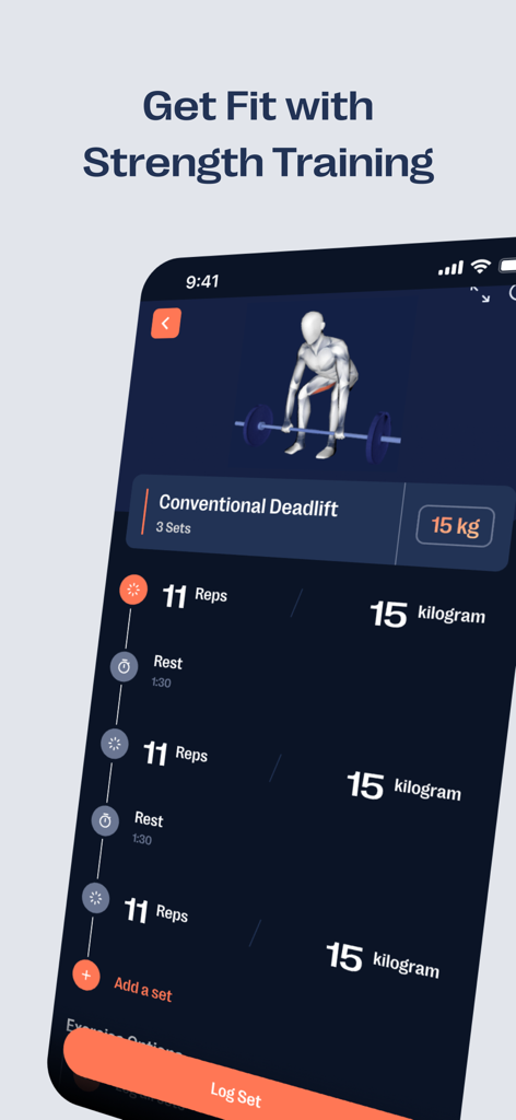 Zenoアプリの筋力トレーニングインターフェース。デッドリフトのワークアウトログ（セット、レップ、重量）を表示。