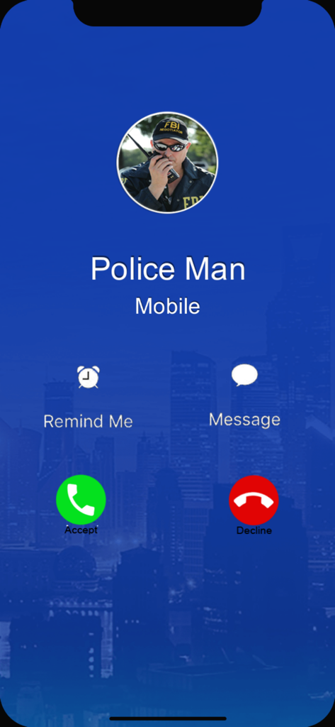 Screenshot of an incoming fake call from a police man with accept and decline buttons