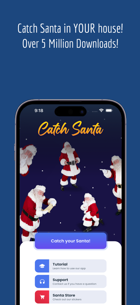 Catch Santa In My House! - The home screen of the Catch Santa In My House app displaying various Santa Claus poses and menu buttons for tutorials and support