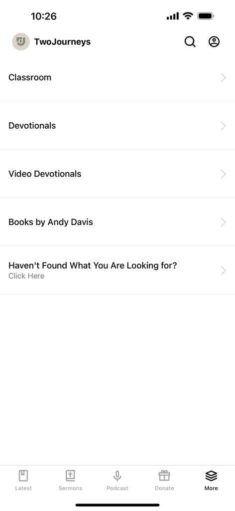 Two Journeys - Two Journeys app more menu screen showing links to classroom devotionals and books by Andy Davis