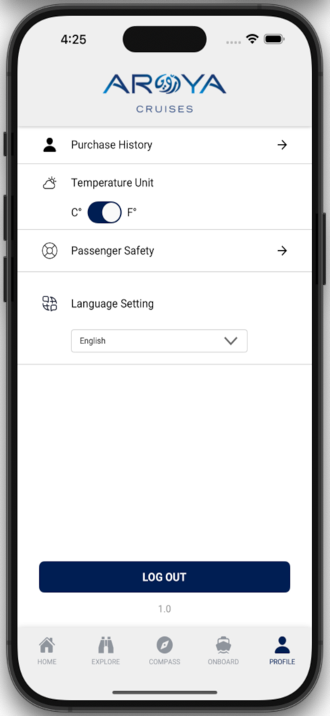 Tela de perfil de usuário no aplicativo AROYA Cruises com configurações de temperatura, idioma e histórico de compras.