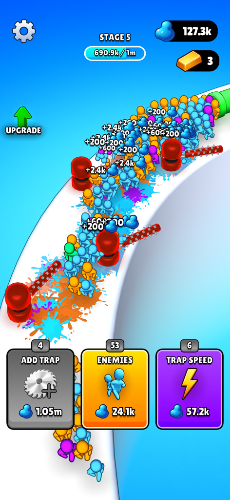Trap Master gameplay screenshot showing traps squishing waves of colorful enemies on a white track with upgrade menu
