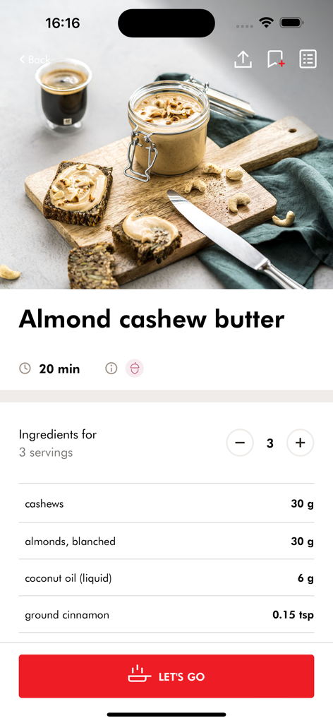 ZWILLING App - Almond cashew butter recipe with ingredients list in the ZWILLING app