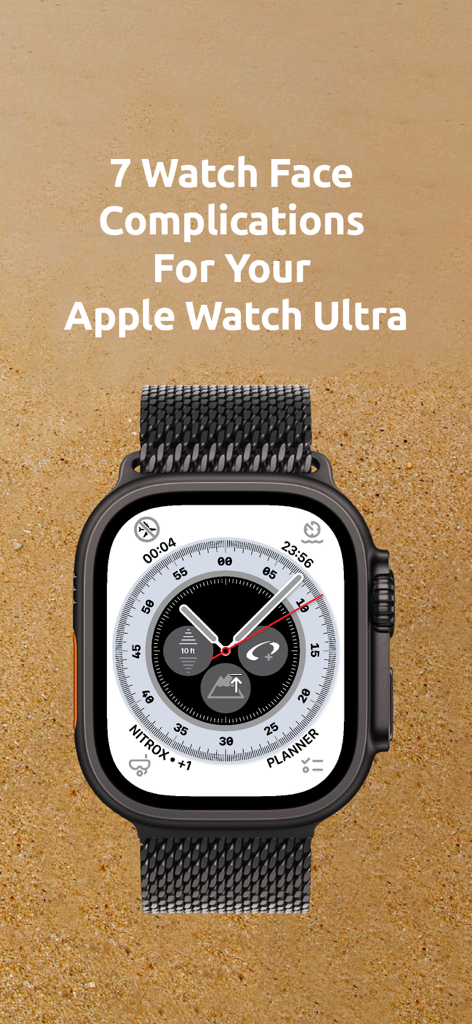 砂地の背景にOceanic plusダイブウォッチフェイスのコンプリケーションが表示されたApple Watch Ultra