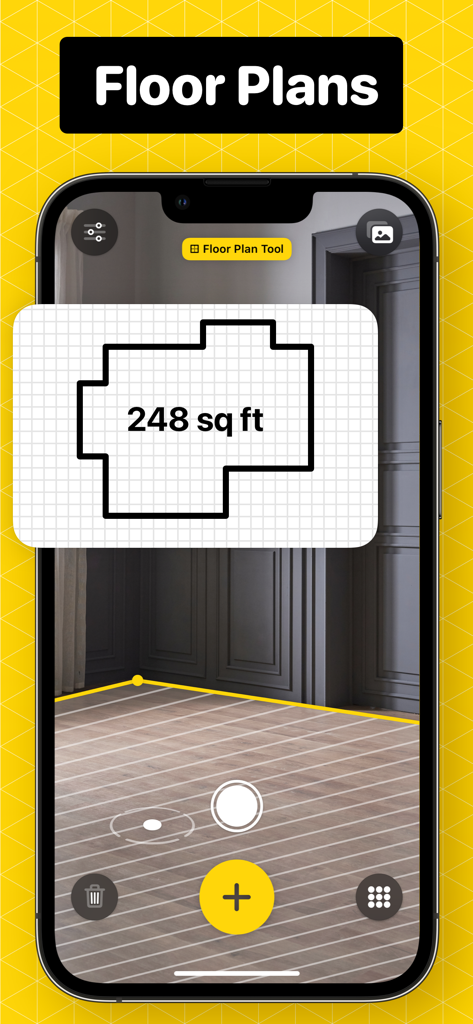 Measuring Tape +ㅤ - Ein Smartphone-Bildschirm, der das Grundriss-Tool der Maßband Plus-App zeigt und eine Fläche von 248 Quadratfuß mit AR misst.