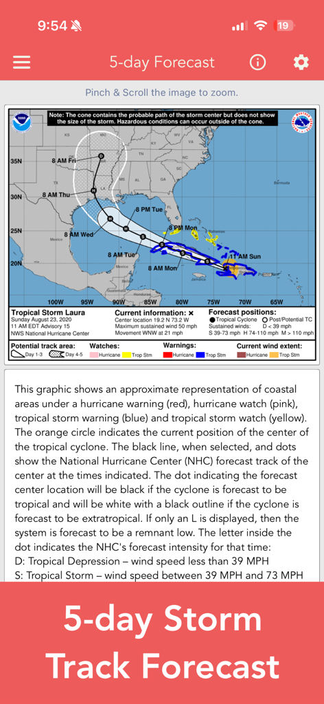 National Hurricane Center Data - Die App National Hurricane Center Daten zeigt eine 5-Tage-Sturmverfolgungskarte mit Unsicherheitskegel und Verfolgungsdaten