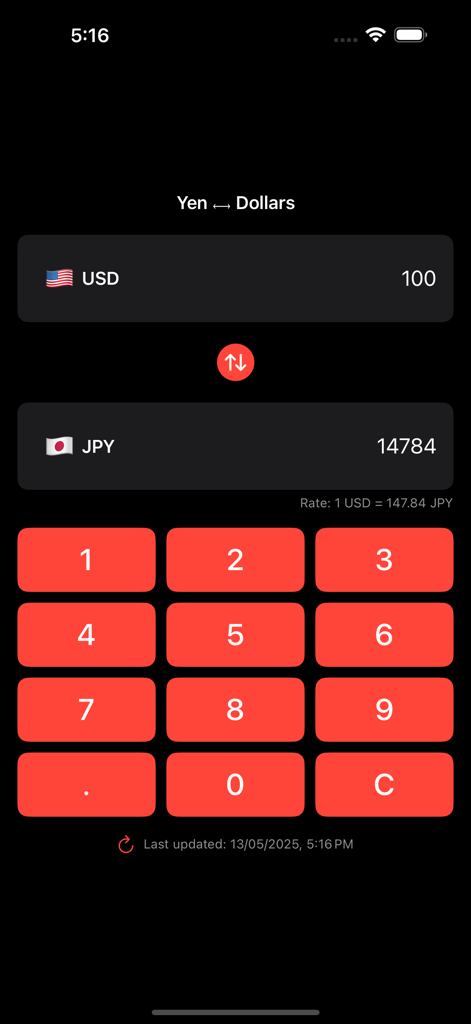 Yen to USD Conversion - Yen to USD currency converter app interface showing a conversion from 100 US dollars to 14784 Japanese yen with a red numeric keypad