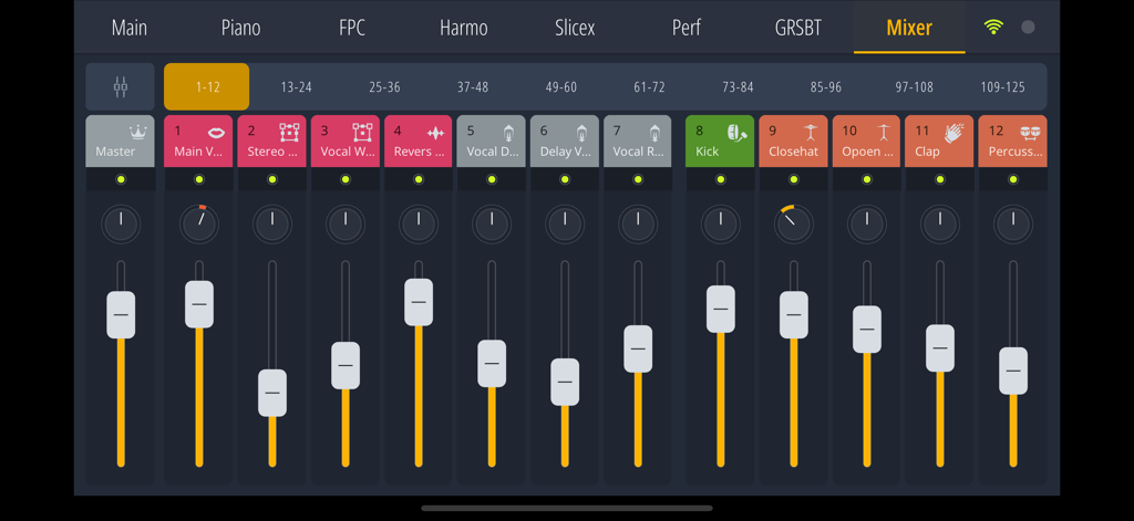 Digital mixer interface in the FL Studio Remote app showing audio faders and channel controls.