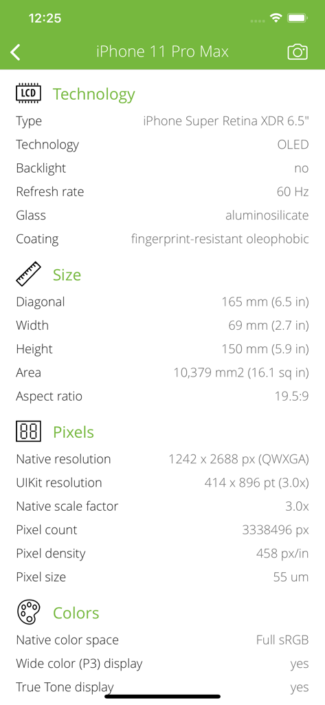 Torrent Detector - Technical display and hardware specifications of an iPhone 11 Pro Max within the Torrent Detector app