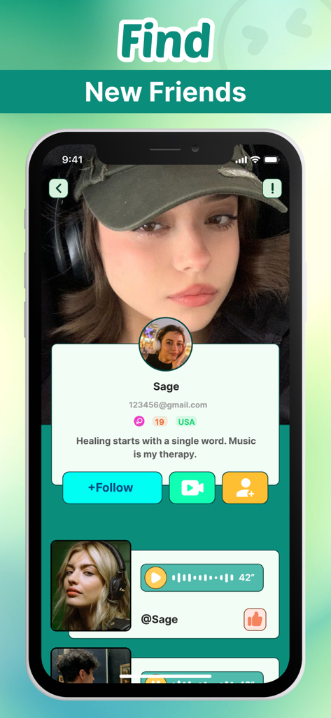 Nosia - Voice Chat，Online Chat - A user profile interface on the Nosia app featuring a young woman named Sage with options to follow, video chat, and listen to voice messages.