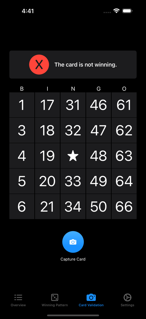 Call Me Bingo - The card validation screen of Call Me Bingo app indicating a scanned card is not a winner