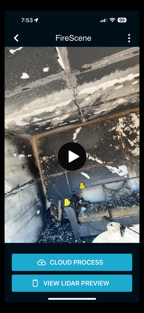Recon-3D - Recon-3D app interface showing a 3D scan of a fire scene for forensic documentation