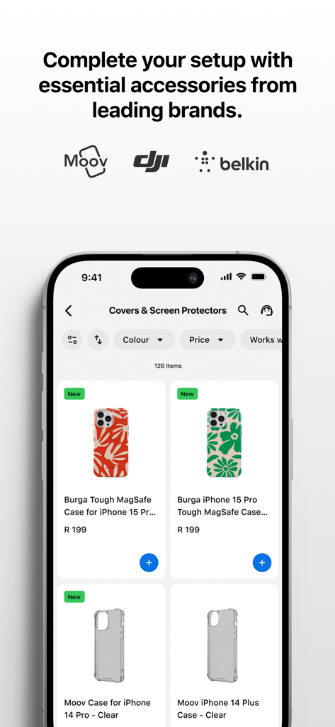 iStore Pre-owned - Mobile app interface showing a selection of iPhone cases and screen protectors for sale.