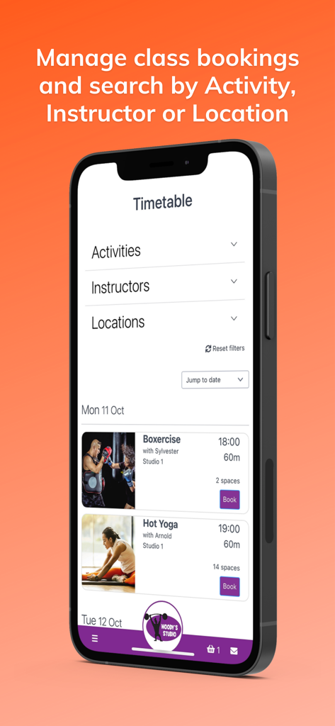 Smartphone screen displaying the ClubRight app timetable with fitness classes and booking options