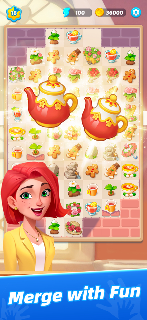 Mystery Town - Merge & Cases - Aurora steht neben einem Merge-Puzzle-Brett mit roten Teekannen und floralen Gegenständen